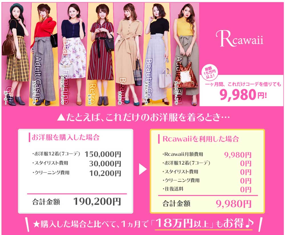 Rcawaiiはスタイリング代・クリーニング代・洋服代込みで月9,980円〜